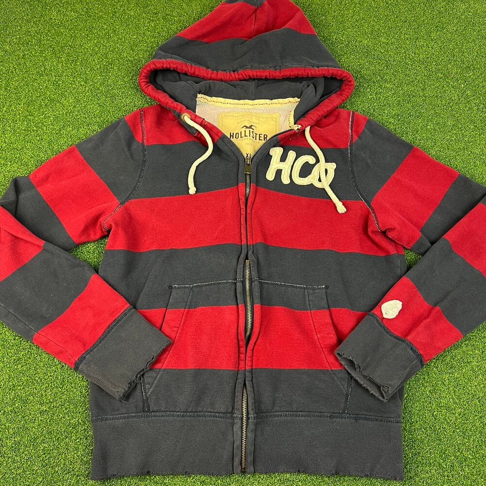 Vintage Y2K Hollister HCO Striped Full Zip Hoodie XL Red Black Distressed